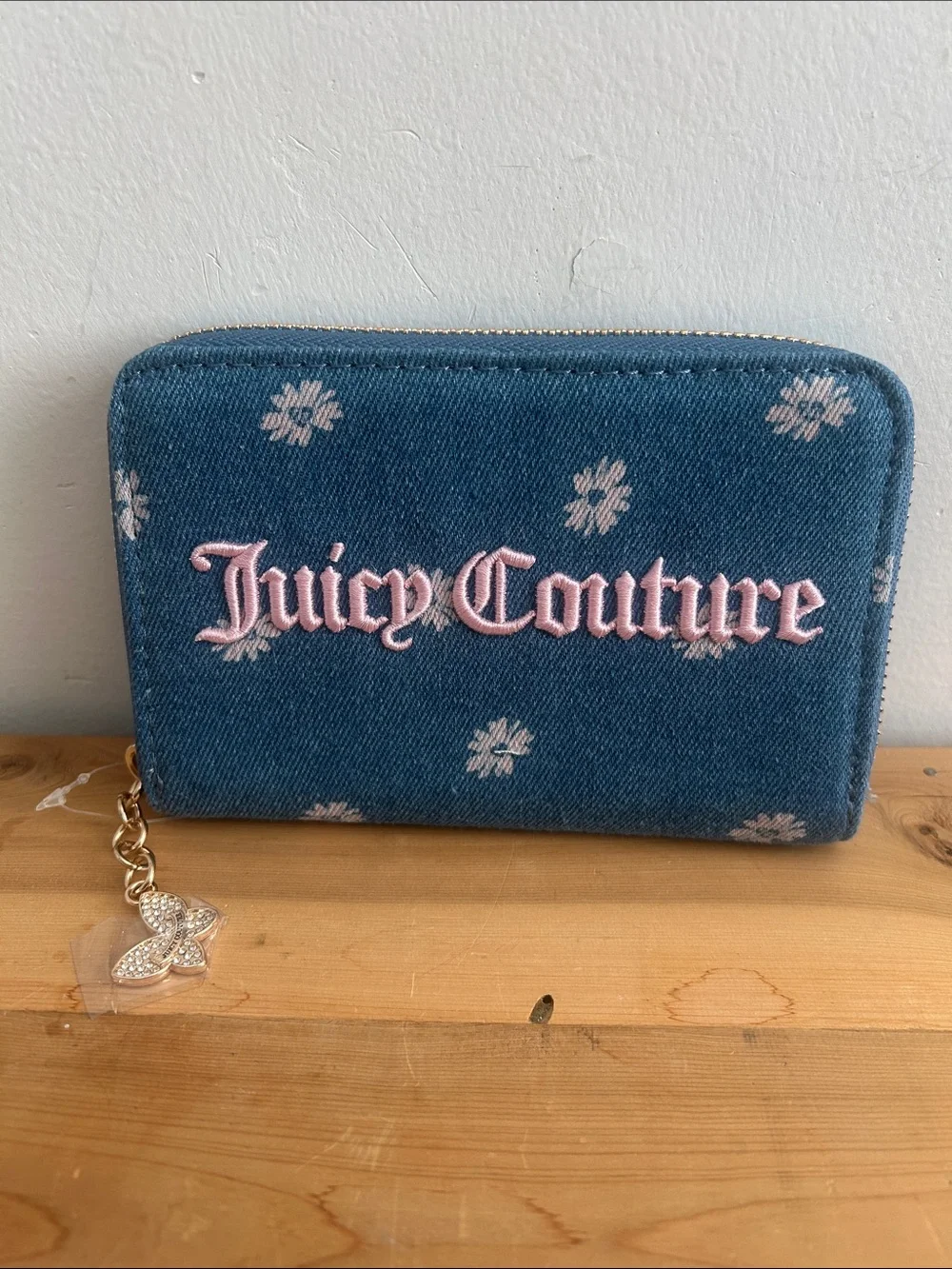 Juicy Couture denim daisy zip wallet with pink logo